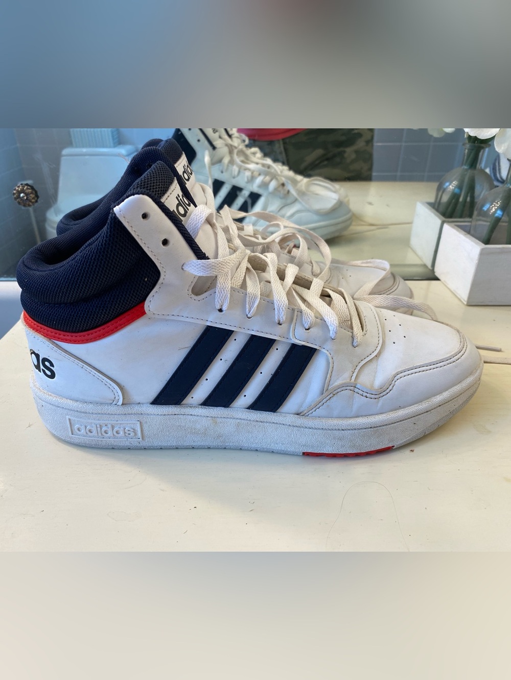 Men’s Adidas White and Navy High-Top Sneakers with Red Heel Accent, Size 11